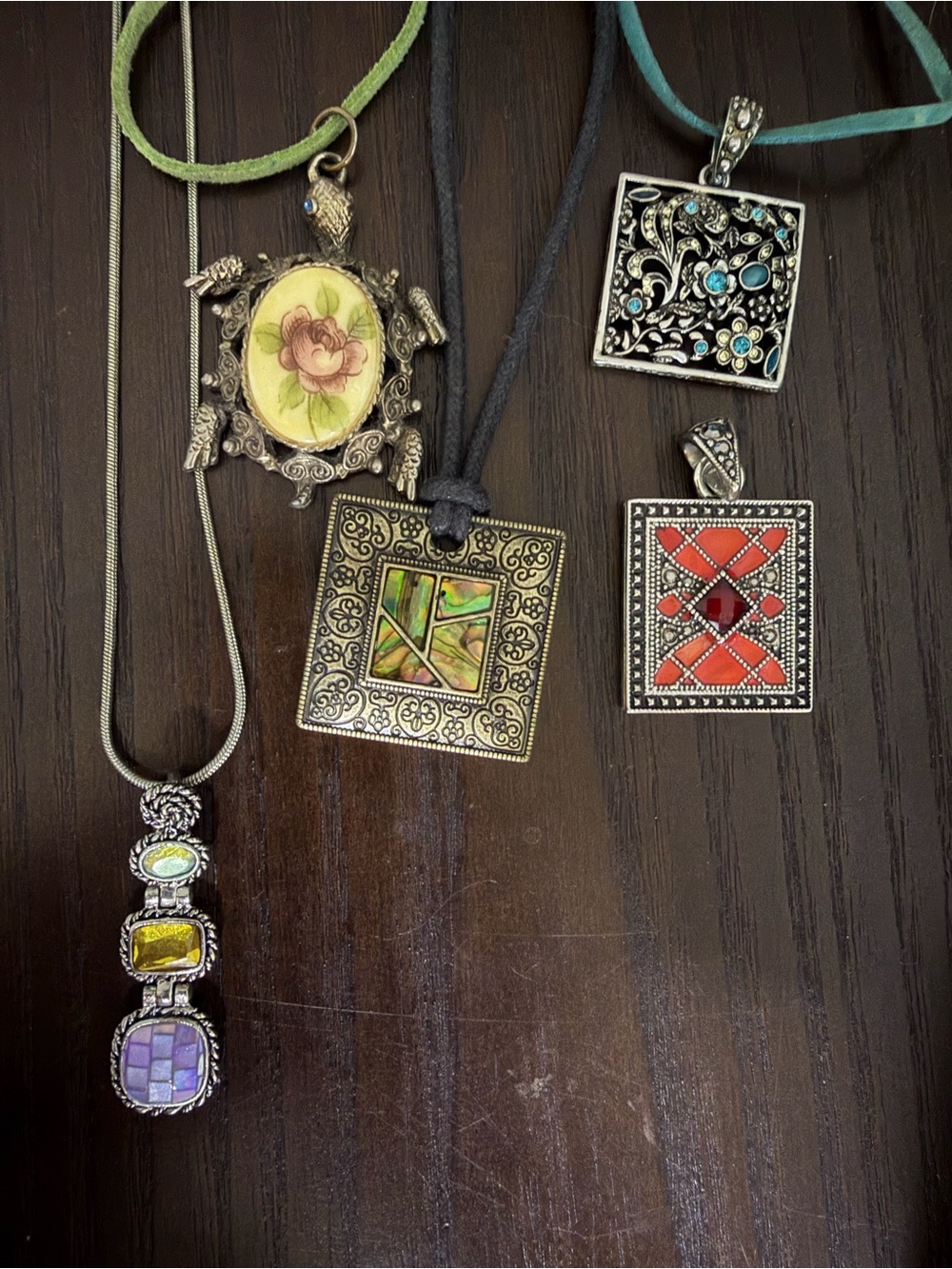 Mixed Pendant Necklace Set — Floral Green and Coral Accent Necklaces
